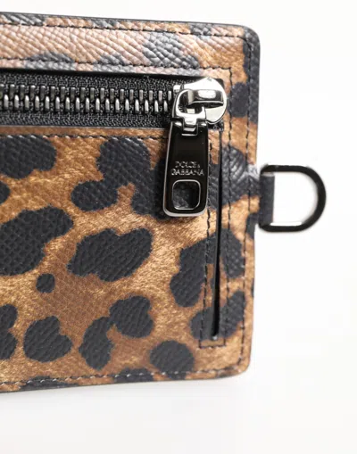 Dolce & Gabbana Leopard Print Leather Embossed Lanyard Card Holder Wallet In Brown