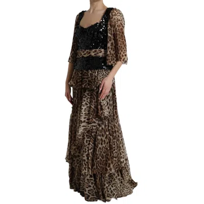 Dolce & Gabbana Leopard Print Silk Sequin Ruffle Maxi Dress In Brown