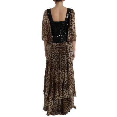 Dolce & Gabbana Leopard Print Silk Sequin Ruffle Maxi Dress In Brown