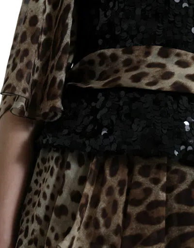 Dolce & Gabbana Leopard Print Silk Sequin Ruffle Maxi Dress In Brown