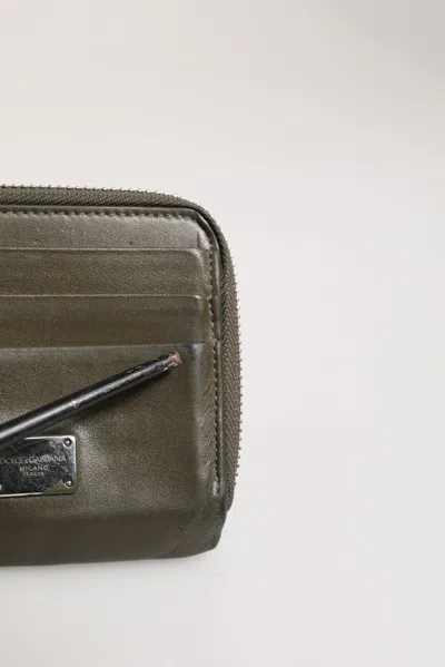 Pre-owned Dolce & Gabbana Military Green Leather Logo Plaque Card Holder Coin Purse Men's Wallet ()