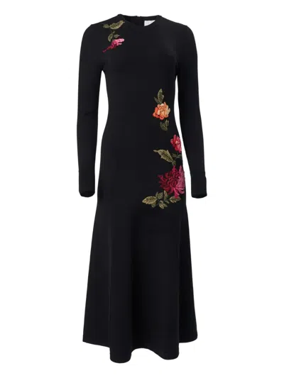 Carolina Herrera Chrysanthemum Embroidered Long Sleeve Jersey Midi Dress In Black