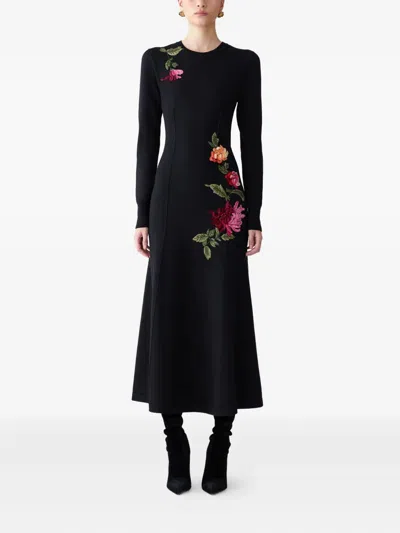 Carolina Herrera Chrysanthemum Embroidered Long Sleeve Jersey Midi Dress In Black