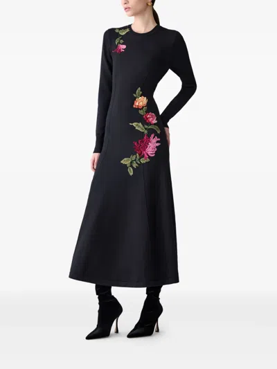 Carolina Herrera Chrysanthemum Embroidered Long Sleeve Jersey Midi Dress In Black