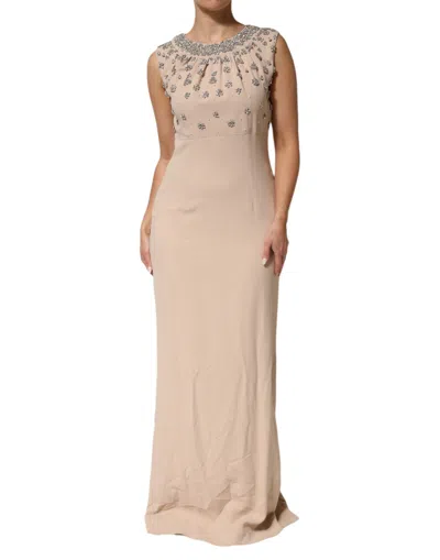 Pre-owned Dolce & Gabbana Nude Ecru Beaded Crystal Embellished Women's Dress () In Brown