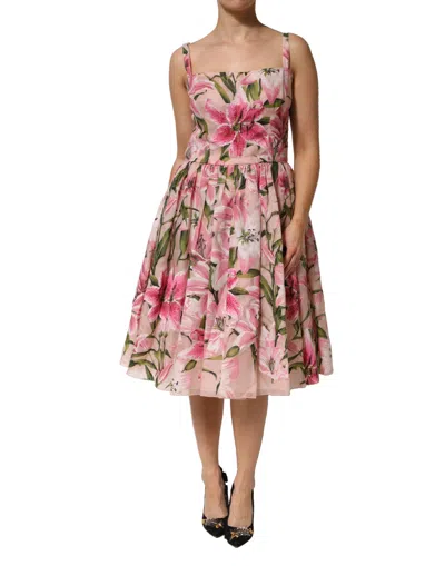 Pre-owned Dolce & Gabbana Pink Floral Lily Print Midi Sleeveless Women's Dress ()