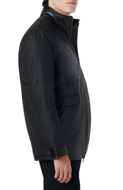 Bugatchi Full Zip Leather Bomber Jacket With Removable Bib In Black