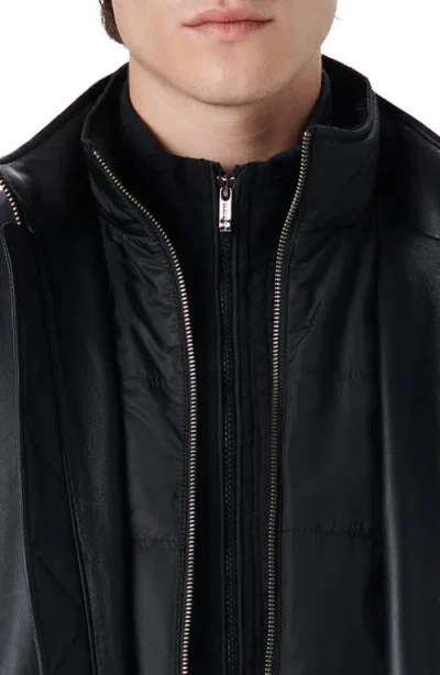 Bugatchi Full Zip Leather Bomber Jacket With Removable Bib In Black
