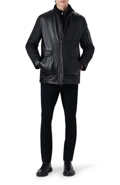 Bugatchi Full Zip Leather Bomber Jacket With Removable Bib In Black