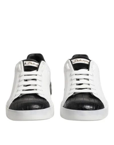 Pre-owned Dolce & Gabbana White Black Leather Portofino Sneaker Men's Shoes () In Multi