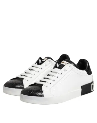 Pre-owned Dolce & Gabbana White Black Leather Portofino Sneaker Men's Shoes () In Multi
