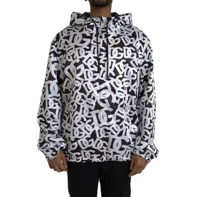 Pre-owned Dolce & Gabbana White Black Logo Hooded Full Zip Bomber Men's Jacket () In Multi