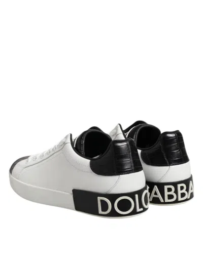 Pre-owned Dolce & Gabbana White Black Leather Portofino Sneaker Men's Shoes () In Multi