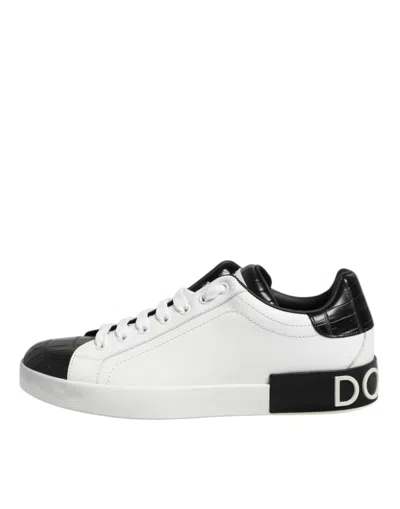 Pre-owned Dolce & Gabbana White Black Leather Portofino Sneaker Men's Shoes () In Multi