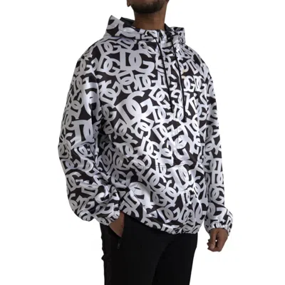 Pre-owned Dolce & Gabbana White Black Logo Hooded Full Zip Bomber Men's Jacket () In Multi