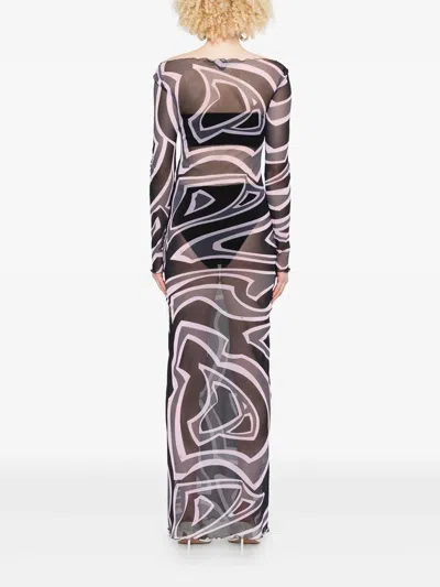 Pucci Maxi Dress With Abstract Pattern And Long Sleeves In Gray