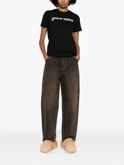 Moncler Crew Neck Top Ribbed Collar Short Sleeves In Black