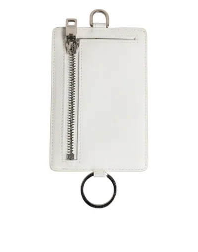 Dolce & Gabbana White Calf Leather Lanyard Logo Card Holder Men Wallet In White