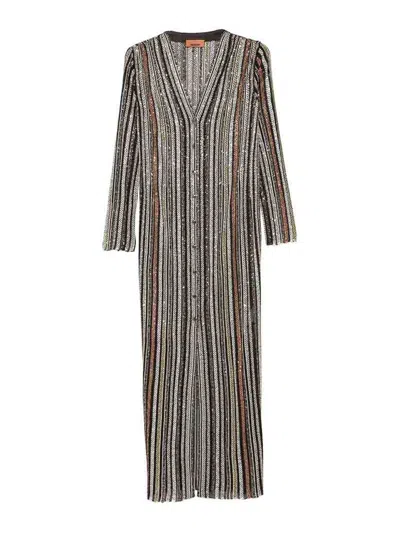 Missoni Long Dress With V-neck And Herringbone Stripe Knit In Multi