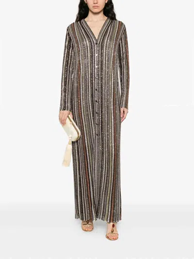 Missoni Long Dress With V-neck And Herringbone Stripe Knit In Multi