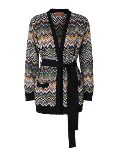 Missoni Relaxed Fit Cardigan With Belt And Chevron Pattern In Multi