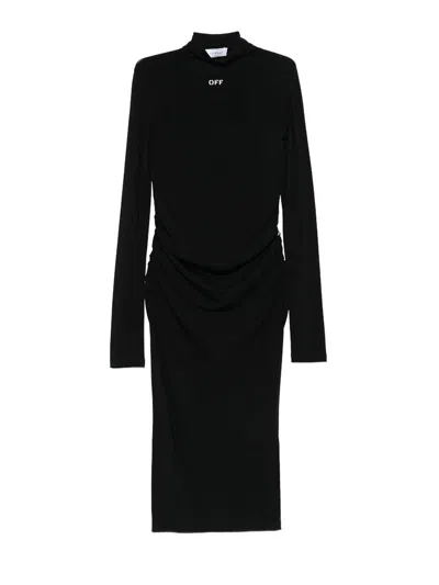 Off-white Off Stamp High-neck Ruched Dress In Black