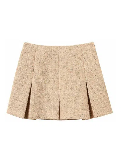Twinset Beige Miniskirt With Pleated Details On The Front And Logo Plaque On The Rear In Tech Fabric Woman In Brown