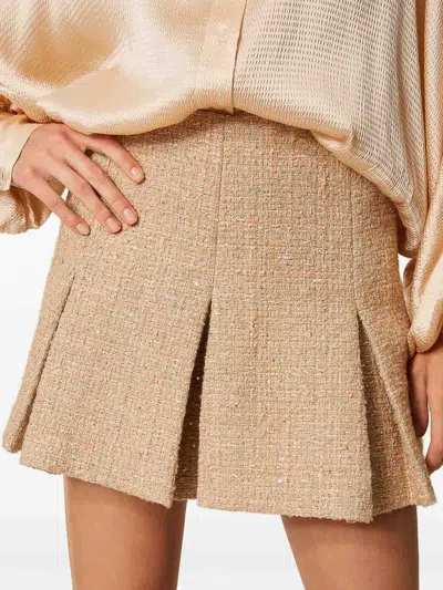 Twinset Beige Miniskirt With Pleated Details On The Front And Logo Plaque On The Rear In Tech Fabric Woman In Brown