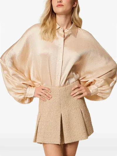 Twinset Beige Miniskirt With Pleated Details On The Front And Logo Plaque On The Rear In Tech Fabric Woman In Brown