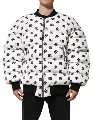 Pre-owned Dolce & Gabbana White Dg Monogram Full Zip Quilted Men's Jacket ()