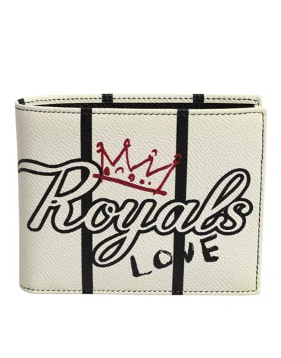 Pre-owned Dolce & Gabbana White Leather Dg Crown Royals Bifold Card Holder Men's Wallet ()