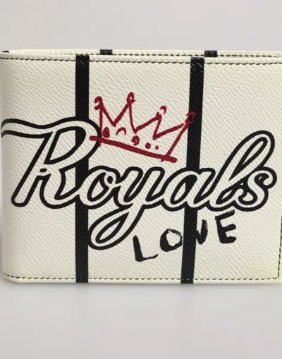 Pre-owned Dolce & Gabbana White Leather Dg Crown Royals Bifold Card Holder Men's Wallet ()