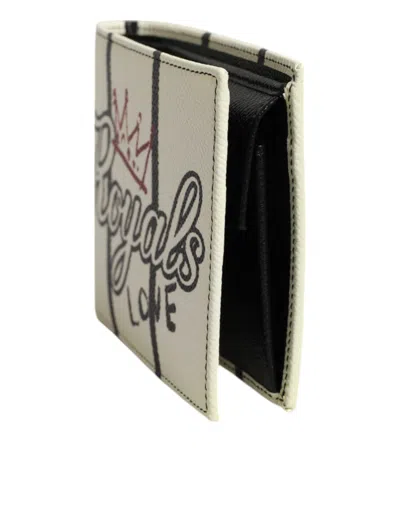 Pre-owned Dolce & Gabbana White Leather Dg Crown Royals Bifold Card Holder Men's Wallet ()