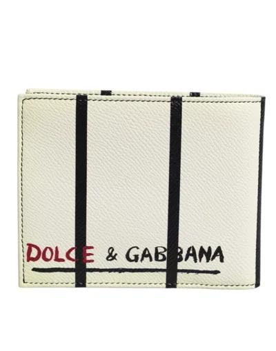 Pre-owned Dolce & Gabbana White Leather Dg Crown Royals Bifold Card Holder Men's Wallet ()