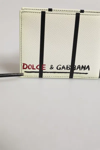 Pre-owned Dolce & Gabbana White Leather Dg Crown Royals Bifold Card Holder Men's Wallet ()