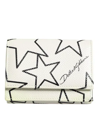 Pre-owned Dolce & Gabbana White Leather Trifold Dg Star Print Card Holder Men's Wallet ()
