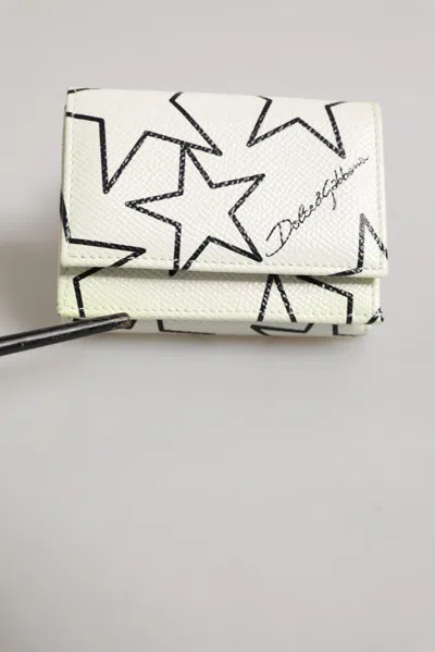 Pre-owned Dolce & Gabbana White Leather Trifold Dg Star Print Card Holder Men's Wallet ()