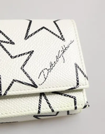 Pre-owned Dolce & Gabbana White Leather Trifold Dg Star Print Card Holder Men's Wallet ()