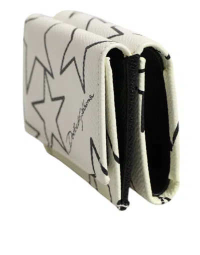 Pre-owned Dolce & Gabbana White Leather Trifold Dg Star Print Card Holder Men's Wallet ()