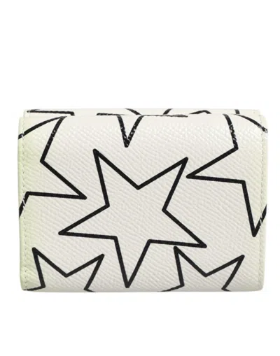 Pre-owned Dolce & Gabbana White Leather Trifold Dg Star Print Card Holder Men's Wallet ()