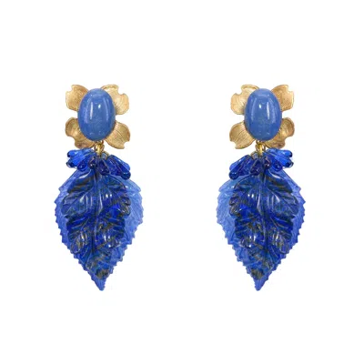 Pat’s Jewelry Women's Gold / Blue Strelitzia Leaf Earrings In Blue