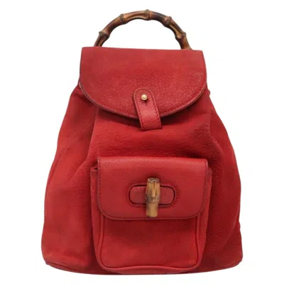 Pre-owned Gucci Vintage Bamboo Backpack Suede Red Suede Backpack Bag ()