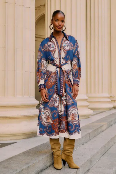 Farm Rio Blue Arabesque Scarf Lenzing Ecovero Viscose Midi Dress In Multi