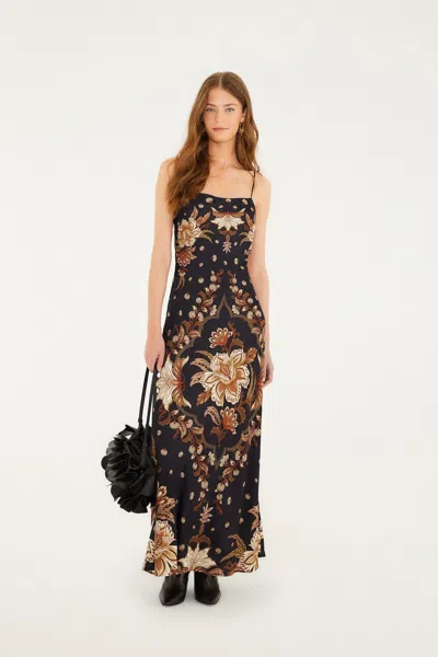 Farm Rio Black Majestic Garden Lenzing Ecovero Viscose Slip Maxi Dress In Multi