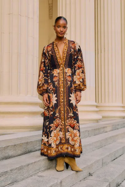 Farm Rio Black Majestic Garden Buttoned Puff Sleeve Maxi Dress In Brown