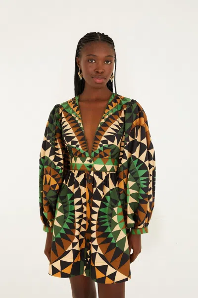Farm Rio Green Heart Deco Puff Sleeve Organic Cotton Mini Dress In Multi