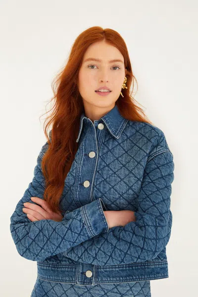 Farm Rio Denim Buttoned Quilted Bomber Jacket In Blue