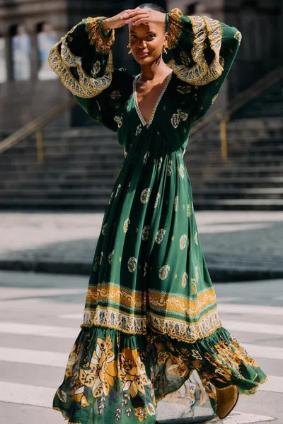 Farm Rio Green Ayla Long Sleeve Ruffled Maxi Dress In Green