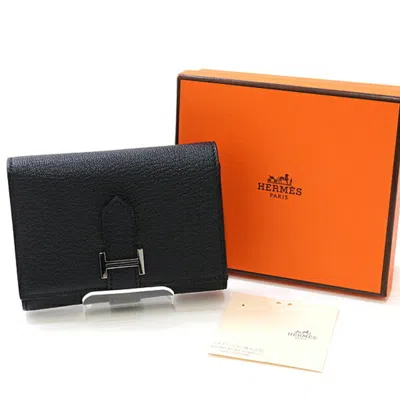 Pre-owned Hermes Bearn Black Chevre Leather Wallet (tri-fold) ()