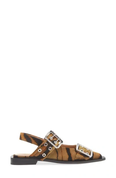 Ganni Zebra Pointed Toe Mary Jane Slingback Flat In Brown